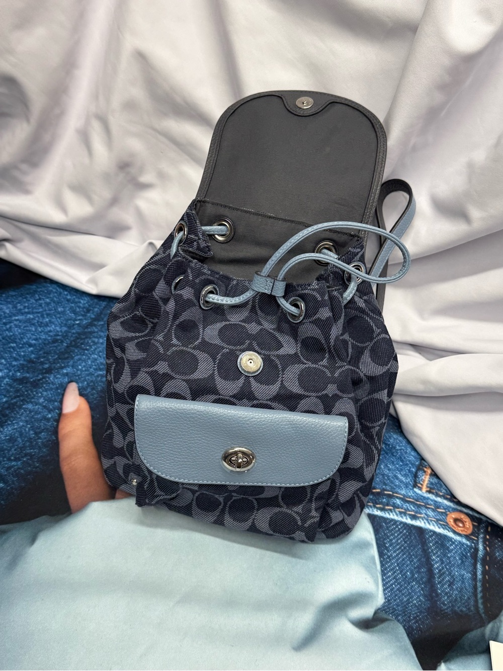 (new+tag) Coach Mini Backpack Denim Leather Light Blue /Navy Signature Monogram - Picture 8 of 15